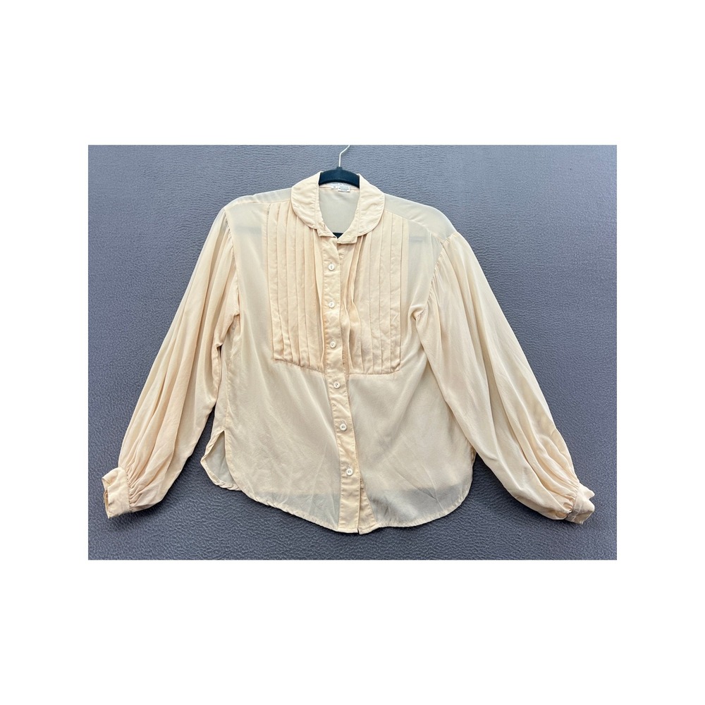 VTG The Silf Farm Blouse Sz 14 100% Silk Pleated Bib Cream Peter Pan Collar